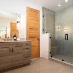 large glass shower and vanity with light wooden door