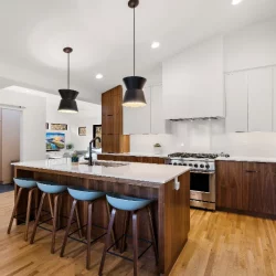 black overhead lights on kitchen bar