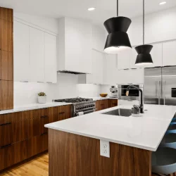 white kitchen cabinets with woode accents