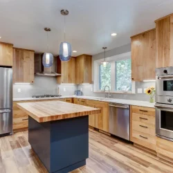 kitchen with blue cabinets