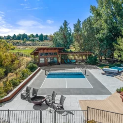 backyard pool, court and kitchen